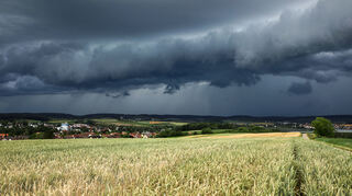 Eine Gewitterzelle mit dunklen Wolken baut sich am Himmel und hinter Feldern auf (Symbolbild).