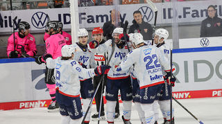 Jubel bei den Adlern nach dem ersten Tor der Mannheimer gegen die Grizzlys Wolfsburg.