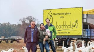 Der Großsachsener Maybachhof startet die Gänsesaison: der langjährige Betreiber Hans Mayer (v.l.), seine Tochter Isabell mit Malia sowie Heiko Bachhuber, die heute das Sagen auf dem Bauernhof haben.