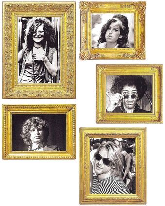 Im Uhrzeigersinn: Janis Joplin, Amy Winehouse, Jimi Hendrix, Kurt Cobain und Jim Morrison.