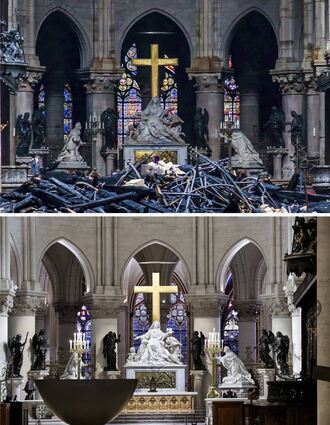Der Altar in der Kathedrale Notre-Dame in Paris: oben nach dem Brand am 16. April 2019, unten nach der Renovierung, aufgenommen am Freitag, 29. November 2024, rund eine Woche vor der Wiedereröffnung.