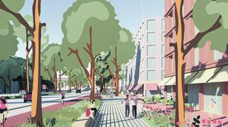Diese Visualisierung des Planungsbüros Adept zeigt einen Fußgängerweg neben der Helmut-Kohl-Allee in Blickrichtung Rhein.