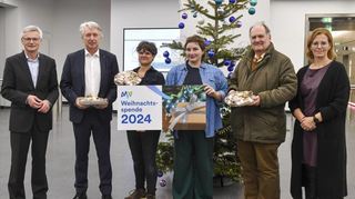 MVV-Weihnachtsspende (v.l.): Georg Müller, Johann W. Wagner, Tina Becker, Aydria Stadter, Peter W. Ragge („MM“-Hilfsverein) und Corinna Baketaric (MVV).