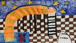 Dieses Bild zur Weihnachtsgeschichte hat Sebastian Baumgartner gemalt. Links der Teufel im Wasser, rechts der Wunschzettel-Berg.