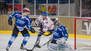 Szene vom Winter Game am 7. Januar 2017: Adler-Angreifer Matthias Plachta (M.) gegen die Schwenninger Alex Trivellato (l.) und Joey MacDonald.