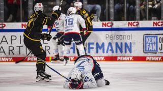 Am Boden: Mannheims John Gilmour (vorn) bleibt nach einem Zweikampf mit Cole Maier (l.) auf dem Eis liegen.