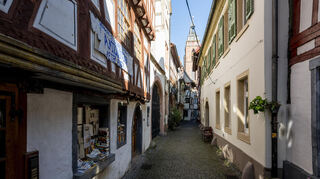 Links das Haus Metzgergasse 3, das auf 1382/1384 datiert werden kann, eins der ältesten Fachwerkhäuser der Pfalz, im Hintergrund die Stiftskirche.