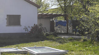 Im Garten liegen ausgebaute Fenster.