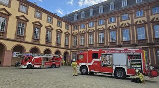 Die Einsatzkräfte der Feuerwehr bei ihrem Einsatz am Mannheimer Schloss am Montag.