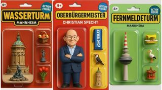 Ob Wasserturm, Oberbürgermeister oder Fernmeldeturm: Der KI-Actionfiguren-Trend hat Mannheim erreicht.