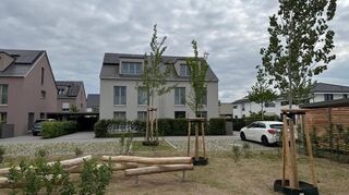 Blick auf die Außenanlage des neuen Wohnquartiers in "Mitten im Feld II" mit 72 Sozialwohnungen, im Hintergrund Einfamilienhäuser.