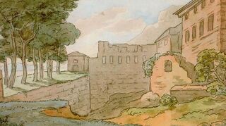 Eine aquarellierte Federzeichnung des Heidelberger Schlosses von Goethe.