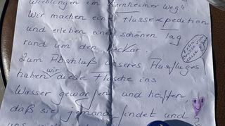 Brief aus der Flaschenpost, den der Kindergarten Kunterbunt aus Heidelberg-Wieblingen am 19.5.2025 auf die Reise geschickt hat.