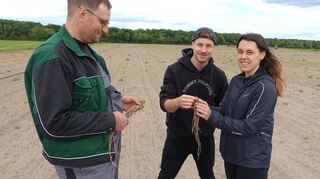 „Unterricht“ auf dem Acker (von links): Landwirt Martin Billau, Sebastian Hedderich und die zukünftige Spargelkönigin Nadine Drucktenhengst.