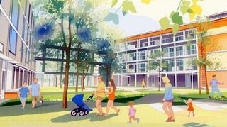 Die Planungsskizze zeigt den Blick in den Innenhof des Ladenburger Wohnprojekts Oekogeno-Vielfalt in Richtung Verbindungsssteg im Süden der Anlage.