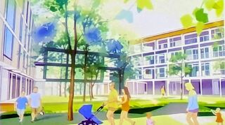 Die Planungsskizze zeigt den Blick in den Innenhof des Ladenburger Wohnprojekts Oekogeno-Vielfalt in Richtung Verbindungsssteg im Süden der Anlage.