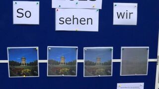 Der Mannheimer Wasserturm, bei voller Sehkraft, 60 Prozent, 30 Prozent und zehn Prozent Sehkraft.