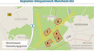Transnet BW und MVV wollen auf der Fläche 3 auf Heddesheimer Gemarkung das Umspannwerk Mannheim-Ost bauen. Die Flächen 1 und 4 liegen auf Mannheimer Gemarkung.