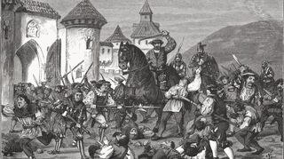 Der deutsch-rumänische Historienmaler Victor Schivert hat 1891 diese Zeichnung vom Massaker in Pfeddersheim angefertigt.