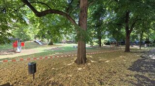 Der Spielplatz ist mit Flatterband abgesichert. Er soll frühestens am Montag wieder freigegeben werden.