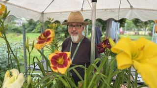 Heinz Enzinger-Panitz von Rottaler Pfingstrosen inmitten von Taglilien bei der Gartenlust in Ladenburg.