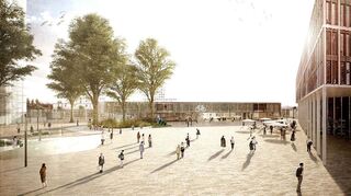 Die Visualisierung zeigt, wie das fertige Zugangsgebäude zum Hauptbahnhof am Lindenhofplatz aussehen wird.