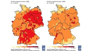 DWD-Grafik zur Entwicklung der Waldbrandgefahr am 14. und 18. August 2025.