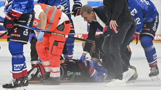 Mannheims Luke Esposito (Nr.19) wird verletzt vom Eis gebracht.