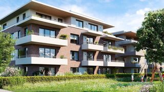 Visualisierung einer Wohnanlage, die der Bauträger LIG Bau aus Langen in Heddesheim im Neubaugebiet "Mitten im Feld II" realisieren will.