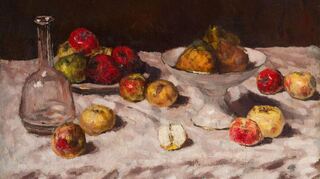 Carl Schuch (1844–1900): „Äpfel auf Weiß, mit halbem Apfel“, um 1886–1894, Öl auf Leinwand.