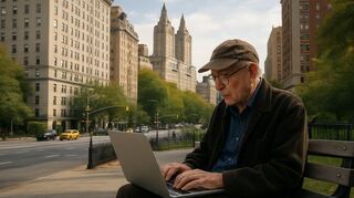 Das ist nicht der Schriftsteller Thomas Pynchon. Es ist die von KI generierte Illustration, die entstanden ist mit der Anfrage: Zeige mir den 88-jährigen Schriftsteller Thomas Pynchon in seiner Lebensumgebung an der Upper West Side in New York, wie er vor der Kulisse von Gebäuden mit einem Laptop auf einer Parkbank sitzt und arbeitet.