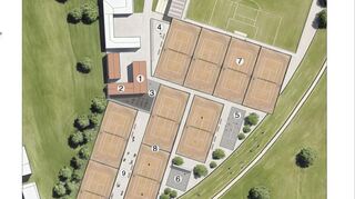 Die Skizze zeigt die mögliche Anordnung auf dem neuen gemeinsamen Vereinsgelände von TCN und Spielvereinigung. Die vier Plätze mit der Nummer „7“ sind der aktuelle Bestand, alle anderen kämen dazu. Hinter den Zahlen „1“ bis „3“ verbergen sich das neue Vereinsheim samt Terrasse und weiteren Einrichtungen.