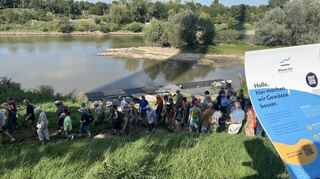 Das Neckarufer unterhalb des Fernmeldeturms wurde renaturiert. Im Bild eine Besuchergruppe, die sich im Sommer 2023 auf dem gerade fertiggewordenen Areal umschaut.