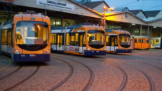 Straßenbahnen der Rhein-Neckar-Verkehr GmbH in Heidelberg im Depot.