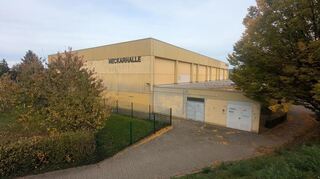 Das Foto zeigt die Ilvesheimer Neckarhalle von Südwesten aus.