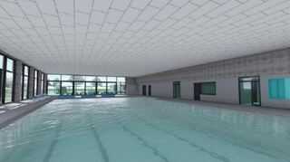 Diese Visualisierung zeigt den Innenbereich des neuen Schwimmbads in Ilvesheim, mit Schwerpunkt auf dem Becken.