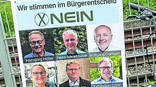Plakat der Windkarft-Befürworter mit alt-Bürgermeister Hansjörg höfer (links oben) und Pfarrer Ronny Baier (2. Reihe von oben in der Mitte).