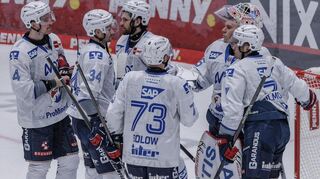 Niedergeschlagen: Mannheims Tom Kühnhackl (zweiter von links) klatscht nach der 2:3-Derbyniederlage in Frankfurt mit seinen ebenfalls enttäuschten Teamkameraden ab.