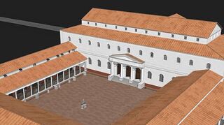 <p>Das Forum samt Markthallenbau (Bild links) erstreckte sich im römerzeitlichen Ladenburg zwischen heutiger Galluskirche und Neugasse. Die 3D-Rekonstruktion des Komplexes ist im neuen Schauraum im Lobdengau-Museum zu sehen.</p>