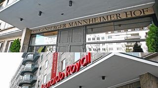 <p>So war es, so sieht es jetzt aus: Der Schriftzug "Steigenberger Mannheimer Hof" über der Tür ist verschwunden, eine neue Leuchtreklame installiert.</p>